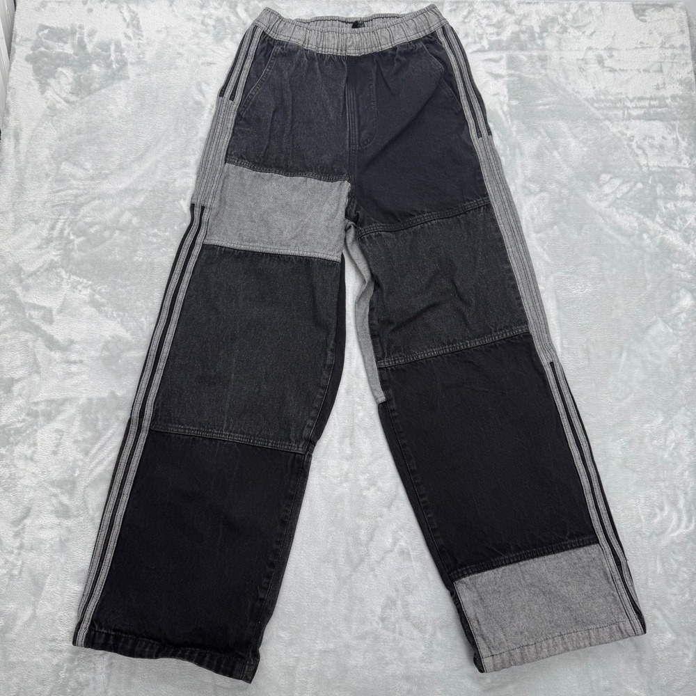 Adidas KseniaSchnaider Patchwork Jeans Women Small Black Gray Wide Leg Denim